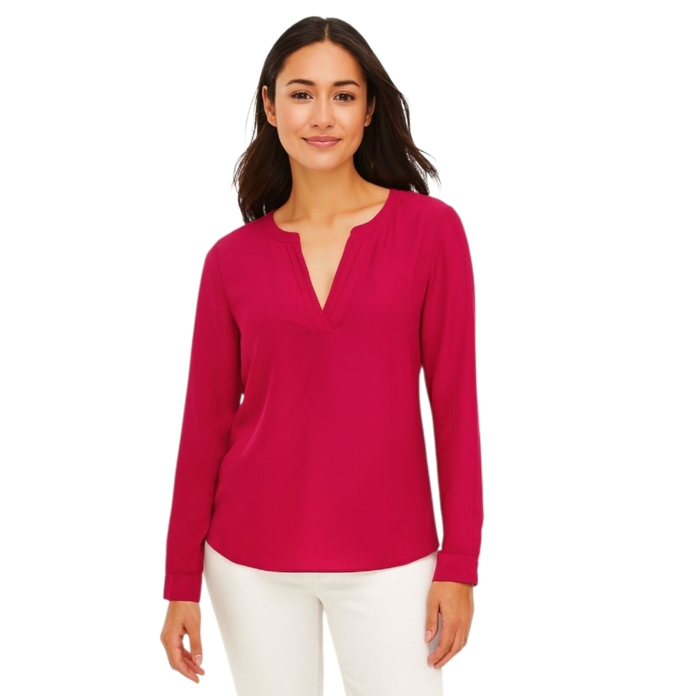 Ann Taylor Fuchsia Silk Split Neck Blouse Women’s M Long Sleeve Top